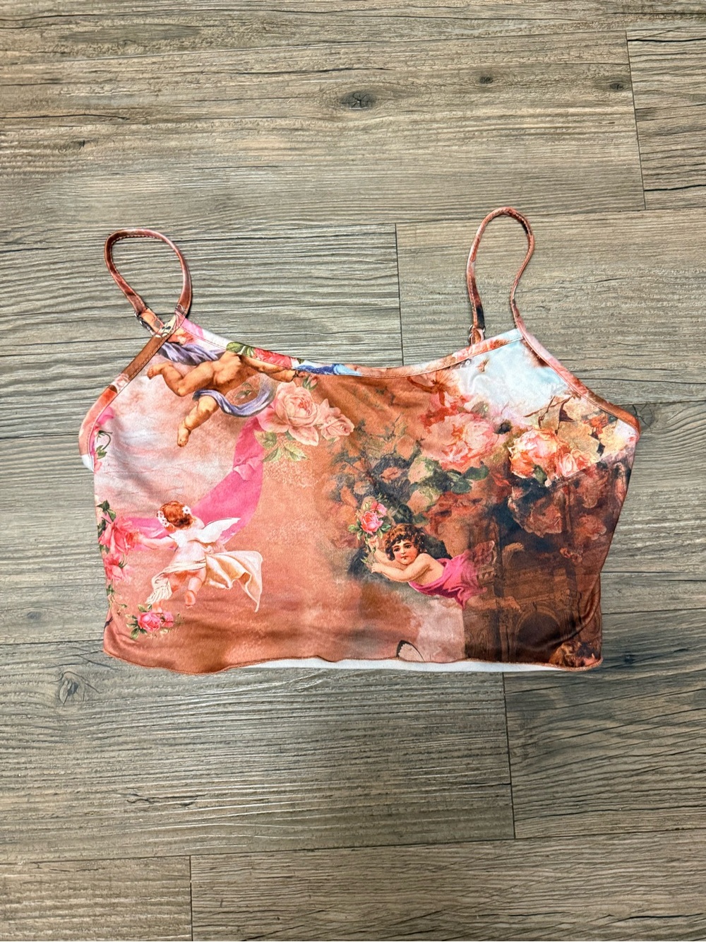 Handmade one of a Kind Floral Cherub Print Spaghetti Strap Crop Top - Pink/Brown